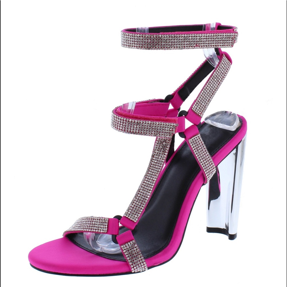 Pink Rhinestone Strappy Open Toe Metallic Heel